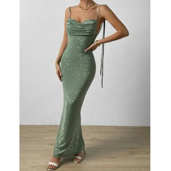Luxe knot shoulder backless bodycon formal party evening dress - Picture 3 of 7